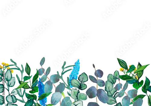 Wallpaper Mural Watercolor hand painted nature floral banner lines with green eucalyptus plant branches, blue flower and yellow twig on a white background for invitation and card design. Torontodigital.ca