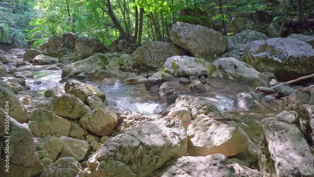 Beautiful mountain waterfall. River flow through the forest along a mountain gorge. Transparent mountain stream in the forest. The noise of the river over the stones. Beautiful mountain waterfall. River flow through the forest along a mountain gorge. Transparent mountain stream in the forest. The noise of the river over the stones.