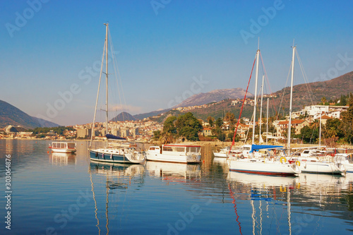 Sunny winter  beautiful Mediterranean landscape. Montenegro  Adriatic Sea  Bay of Kotor  view of Herceg Novi city