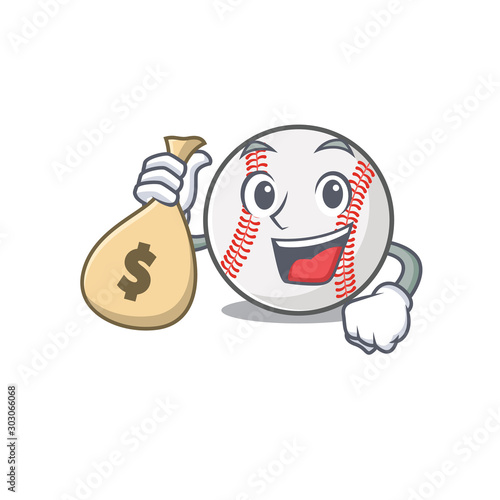 Cartoon baseball with in a character holding money bag