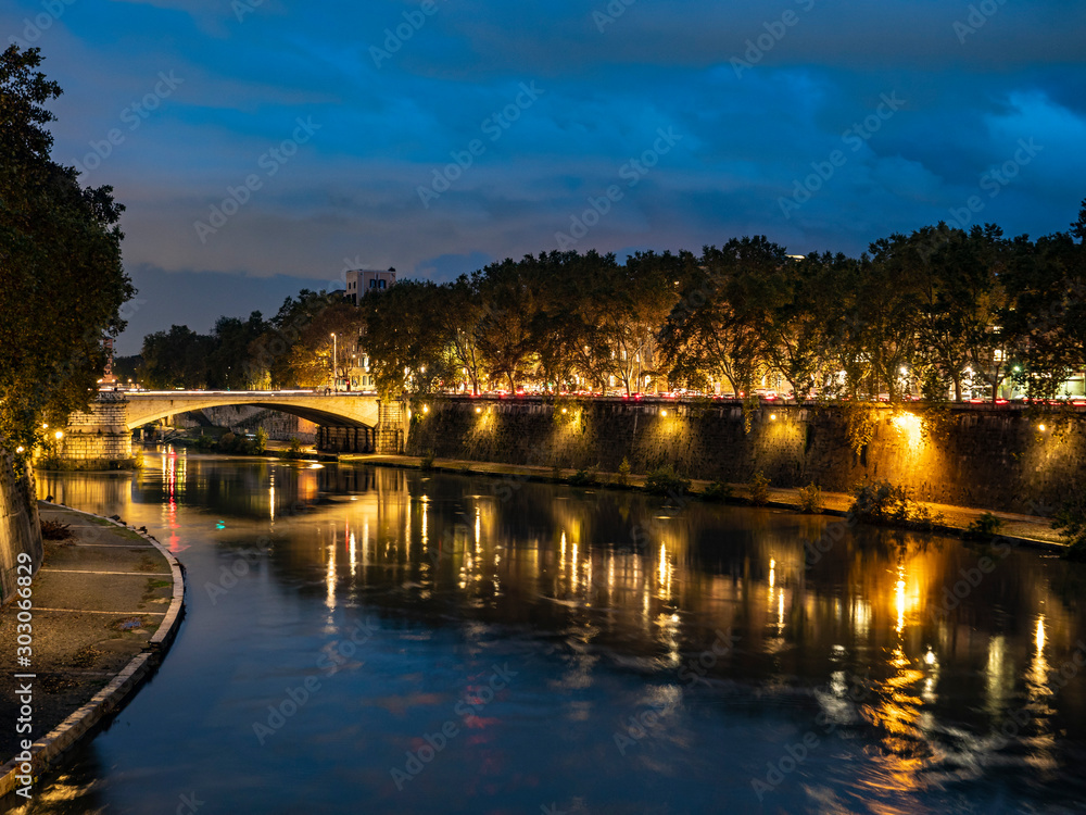 night on bridge Garibaldi and the Fiume Tevere river in Rome Italy