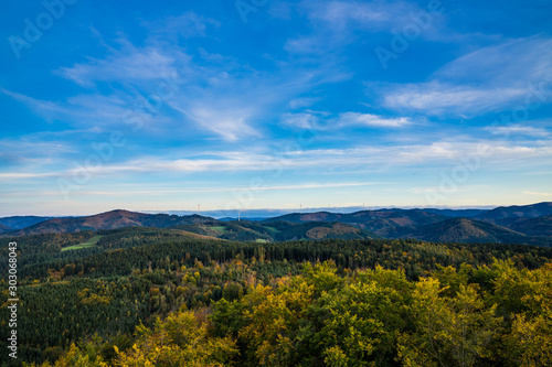 Germany, Endless aerial view above tree tops of black forest nature landscape in colorful autumn mood in warm sunset light, a paradise