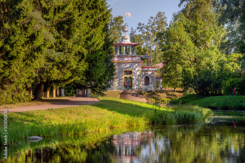 Chinese gazebo on the territory of the Catherine Palace and Park complex in Tsarskoye Selo summer morning. Pushkin, Saint Petersburg, Russia