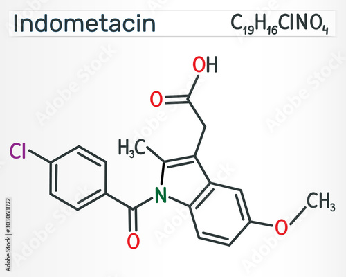 Indometacin molecule, is a nonsteroidal anti-inflammatory NSAID drug. Structural chemical formula.