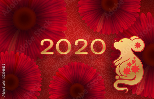 Golden mouse on a textured red background. Template on the theme of the Chinese horoscope. Eastern calendar. Year of the mouse. Free space. Greeting card.