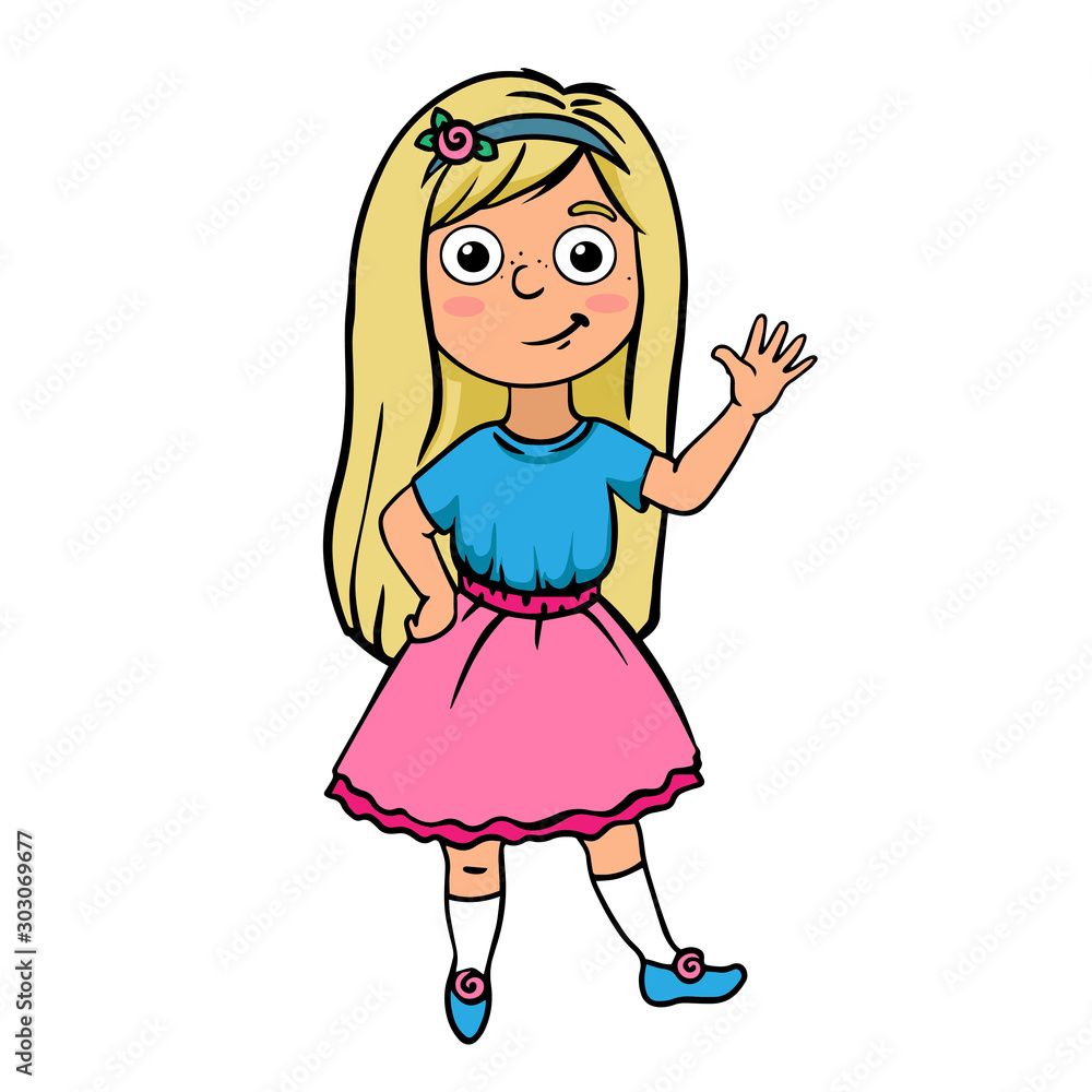 Doodle sketch child girl waving. Simple flat illustration Doodle sketch child girl waving. Simple flat illustration