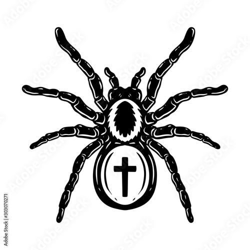 Spider illustration in engraving style. Halloween theme. Design element for poster, card, banner, emblem, sign.