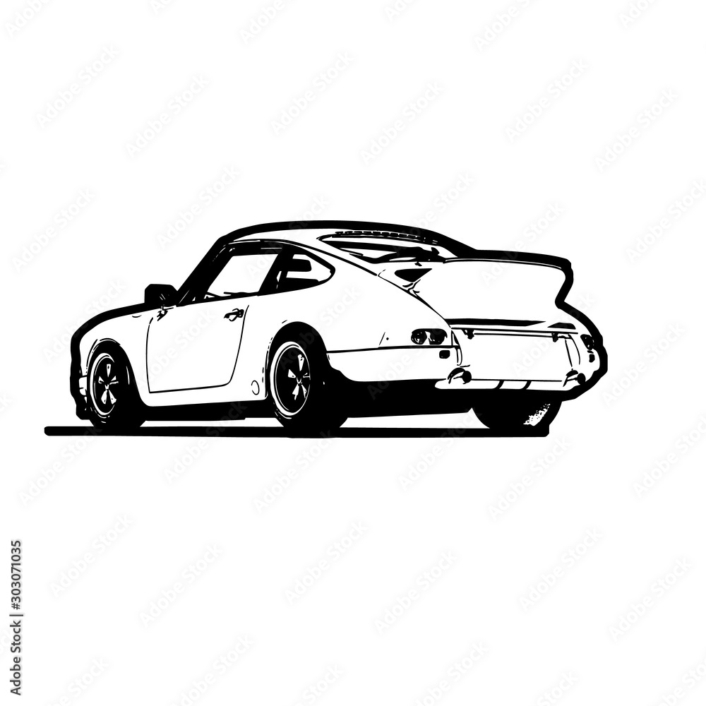 Customized Vintage European Car. Contour Vector Graphics Isolated on White Background.