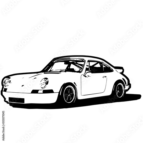 Tuned Retro Sports Car. Contour Vector Illustration Isolated on White Background.