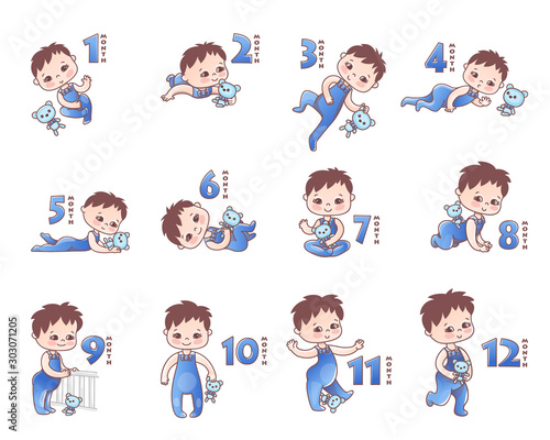 Set of Baby boy . Growth stages from 1 month to 1 year. Little baby with pink bow and toy. Stages of child development in the first year of life. Vector Illustration