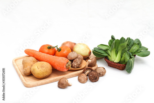 Close up of set of mushroom and carrot and tomato are ingredient for soup 