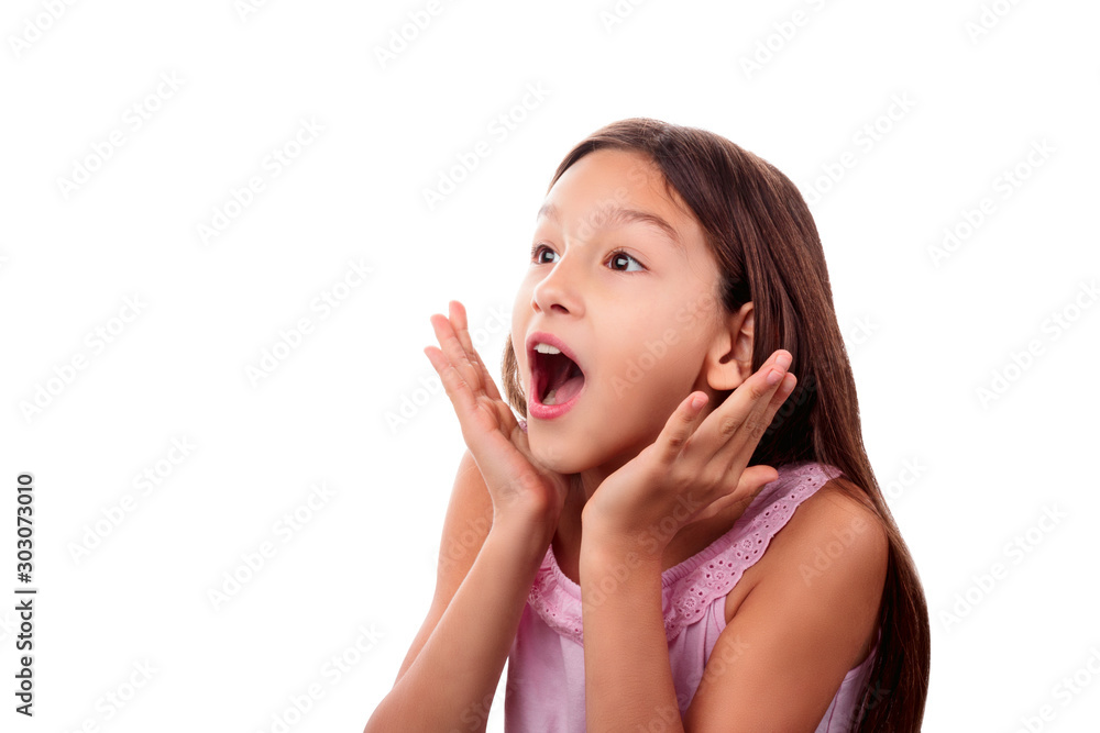 Portrait of surprised, excited, shocked teenage girl looking up isolated on white background Portrait of surprised, excited, shocked teenage girl looking up isolated on white background