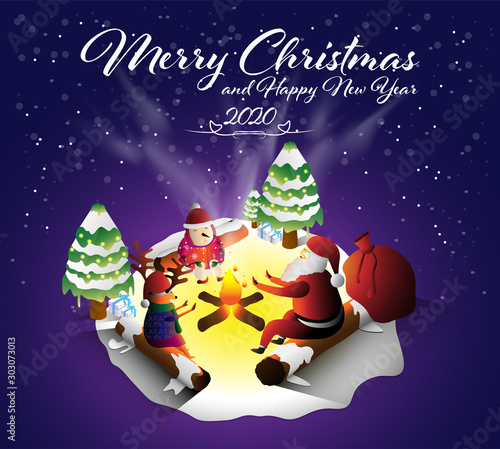 Merry Christmas and Happy new year concept. Santa with reindeer and snowman around bonfire or fireplace joyful talking together. Vector illustration in isometric design.