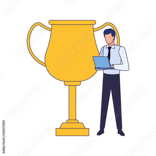 trophy cup and businessman standing icon