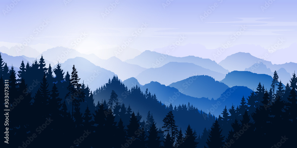 Mountain  winter landscape. Mountains and coniferous forest. Tourism and travelling. Vector silhouette. Christmas forest. Background for web page, internet site.