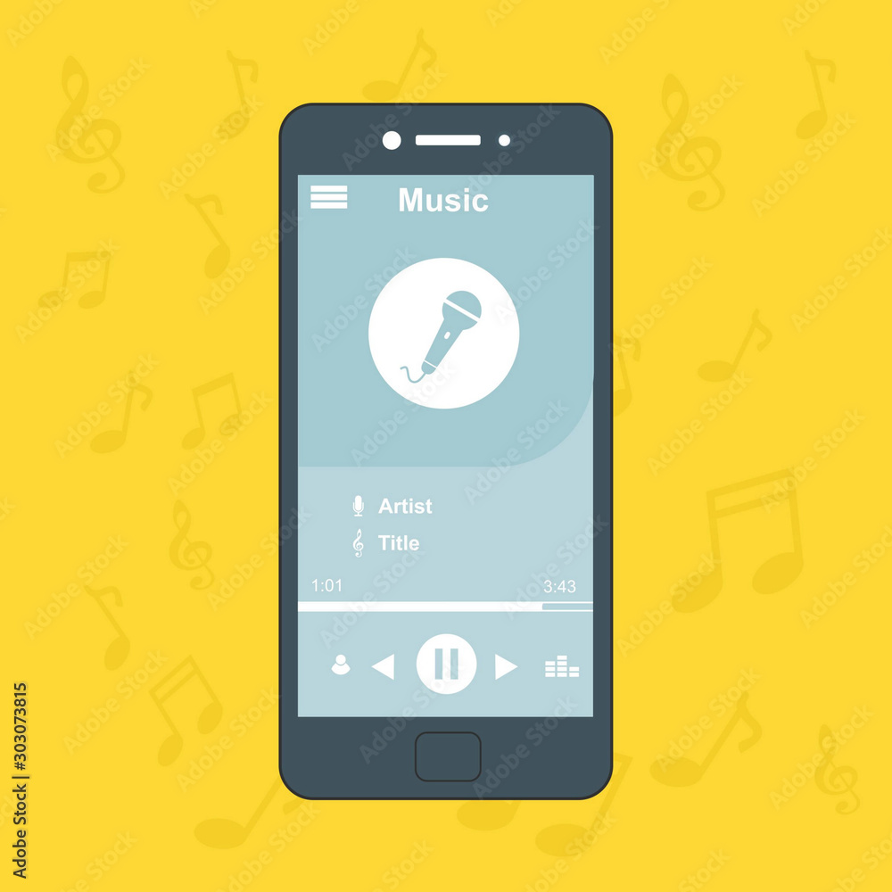 modern minimalistic media player Flat UI, GUI. Playing audio, radio. Phone display modern minimalistic media player Flat UI, GUI. Playing audio, radio. Phone display