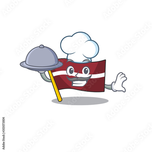 Cartoon flag latvia isolated in character chef holding food