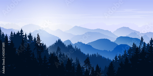 Mountain winter landscape. Mountains and coniferous forest. Tourism and travelling. Vector silhouette. Christmas forest. Background for web page, internet site.