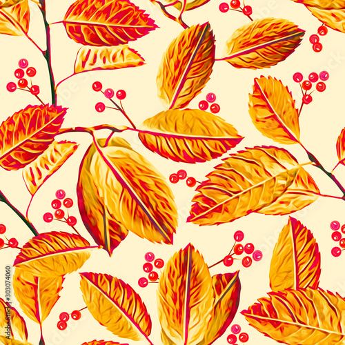 Twigs and leaves with berries, seamless pattern.