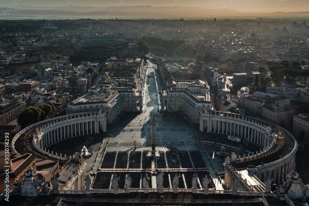Rome, Italy, View of Rome from the dome of St Peter Basilica at sunrise