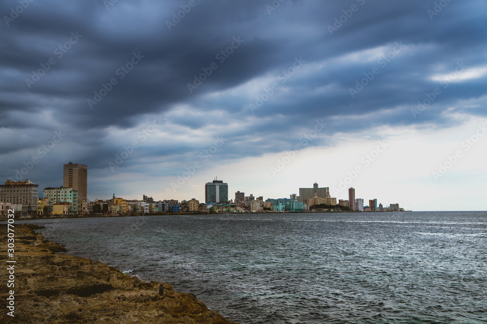 beautiful view of the bay of Havana and Havana coast, before a storm