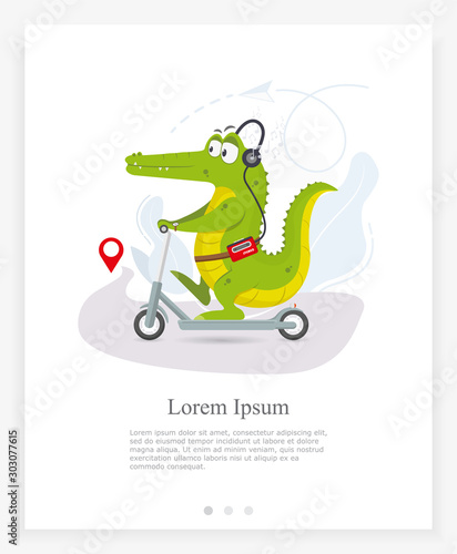 A cute flat style crocodile rides a scooter and listens to music. Vector Illustration