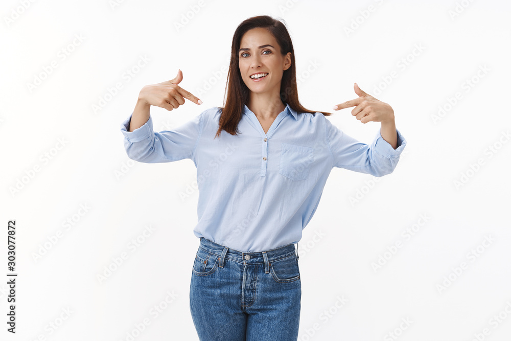 Determined professional wife entrepreneur boasting accomplishment, pointing proudly herself, talking personal win achievement, smiling happy, receive promotion, being picked, stand white background Determined professional wife entrepreneur boasting accomplishment, pointing proudly herself, talking personal win achievement, smiling happy, receive promotion, being picked, stand white background