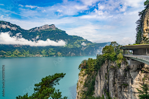Switzerland, Panoramic view on green Swiss Alps and lake Lucerne near Bauen