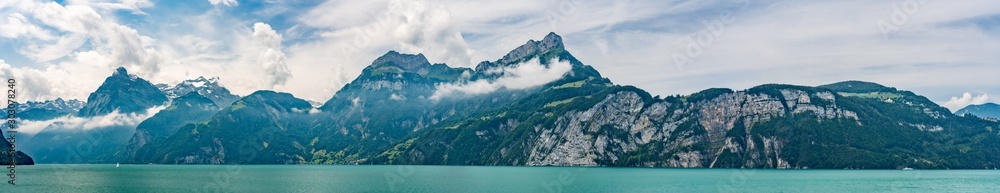 Switzerland, Panoramic view on green Swiss Alps, Bauen, Niederbauen peak.