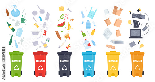Trash containers. Organic, e-waste, plastic, paper, glass and metal trash containers. Recycling garbage to save the environment vector illustration set. Waste sorting. Recycle idea. Rubbish bins