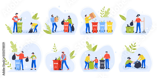 People separating garbage. Environment day recycle garbage, family with children sort and separate trash to reduce environmental pollution vector illustration set. Waste sorting idea photo
