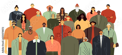 People group. Community portrait, team standing together and diverse people crowd flat vector illustration. Race and age diversity. Multiethnic smiling men and women cartoon characters