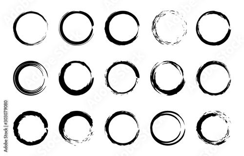 Round grunge brush frames. Circle and stamp brush stroke borders, artistic brush blots and black paint frame design vector isolated elements set. Grungy dry brushstroke rings, stains, smears