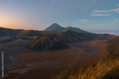 Beautiful scenery of Bromo mountains that located at Bromo Tengger Semeru National Park in East Java at Indonesia that is a popular tourist attraction for tourists from all over the world.