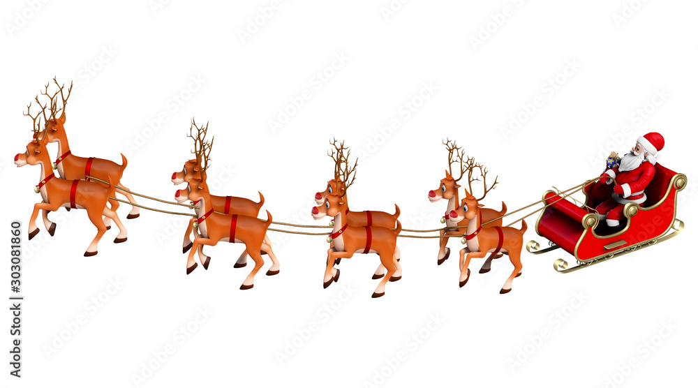 Fototapeta premium 3D Illustration of Santa Claus rides reindeer sleigh