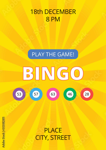 Bright fun bingo poster template with yellow glowing background and balls. Vector flyer, card or banner for lottery with sample text. A4 standard scaled format