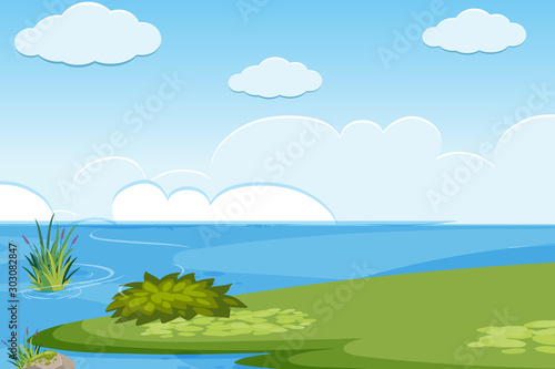 Fototapeta Naklejka Na Ścianę i Meble -  Landscape background design with lake at daytime