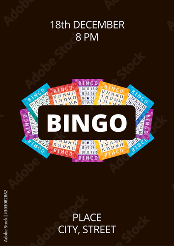 Bingo poster with multicolored lottery tickets and black background. Dark stylish vector flyer, card or banner template with sample text. A4 standard scaled format