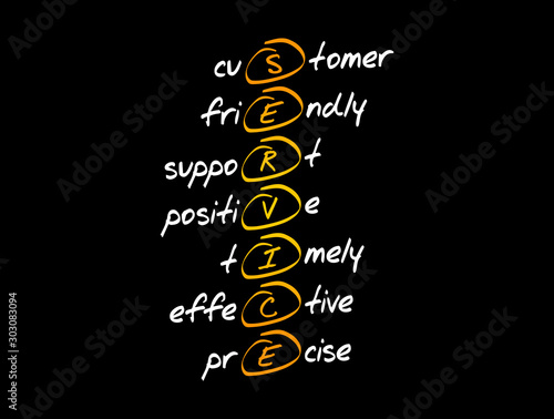 SERVICE - Customer, Friendly, Support, Positive, Timely, Effective, Precise acronym, business concept background