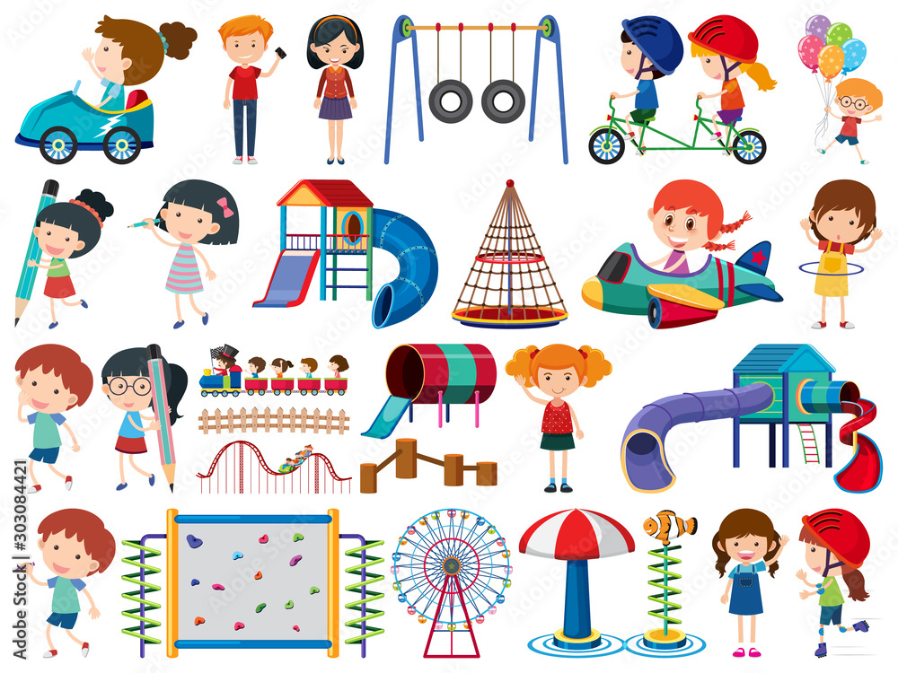 Large set of isolated objects of kids and playground