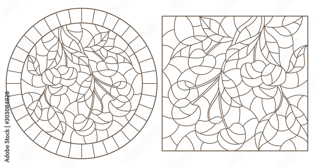 Set contour illustrations of stained glass style with a branch of cherry, dark contour on white background Set contour illustrations of stained glass style with a branch of cherry, dark contour on white background