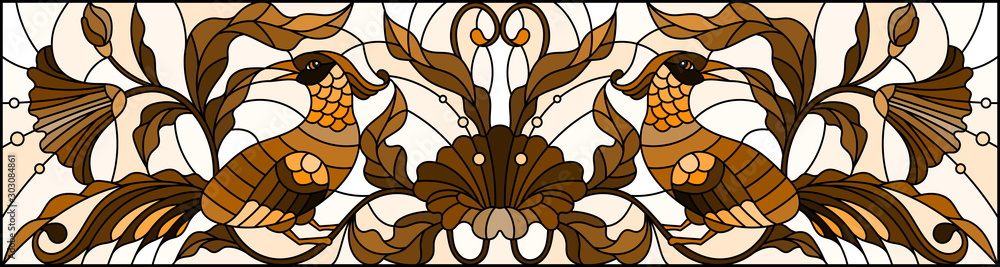 Illustration in stained glass style with a pair of abstract birds , flowers and patterns on a light background , horizontal image, tone brown Illustration in stained glass style with a pair of abstract birds , flowers and patterns on a light background , horizontal image, tone brown