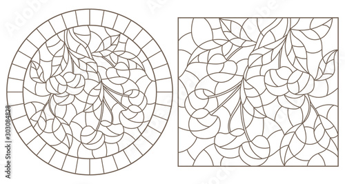Set contour illustrations of stained glass style with a branch of cherry, dark contour on white background