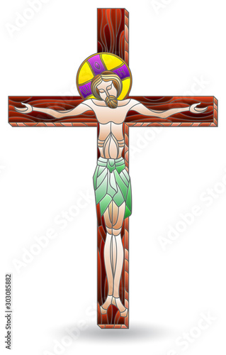 Illustration in stained glass style with crucifixion and Jesus Christ, isolated on white background