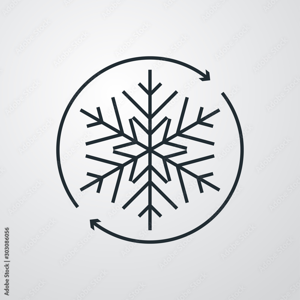 Icono plano lineal copo de nieve con flechas girando en fondo gris Icono plano lineal copo de nieve con flechas girando en fondo gris