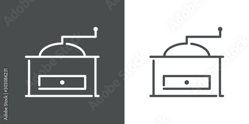 Icono plano lineal molinillo de café en fondo gris y fondo blanco