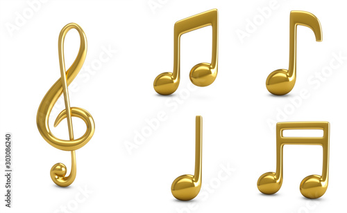 3d Rendering Set Golden Music Notes isolated on white background