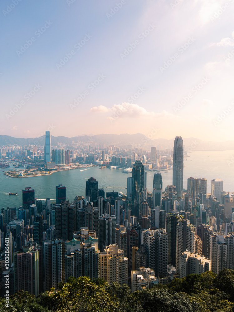 Skyscraper skyline in Hong Kong Island and Kowloon.
