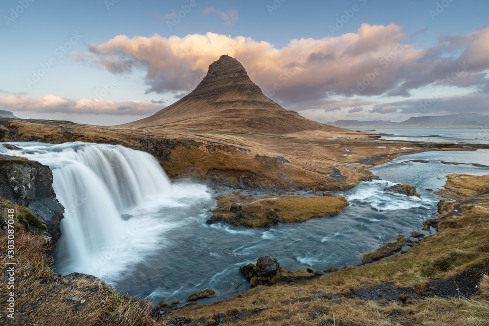 Sunset over kirkjufellsfoss, Iceland.