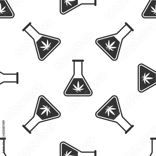 Grey Chemical test tube with marijuana or cannabis leaf icon isolated seamless pattern on white background. Research concept. Laboratory CBD oil concept. Vector Illustration